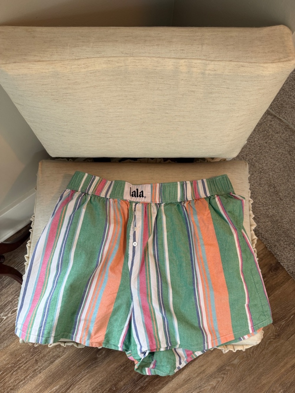 Dressed in LALA-100% cotton Green Multi-Stripe Button Front Boxer Shorts.